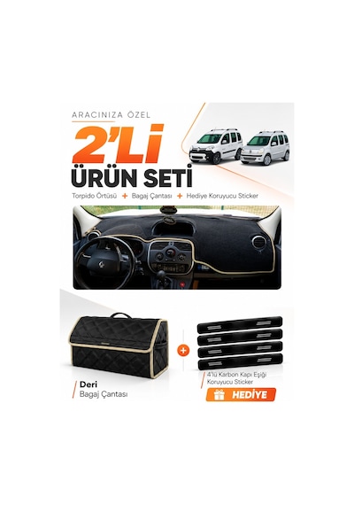 Renault Kangoo 3 2010-2018 Uyumlu Torpido Örtüsü + Deri Bagaj Çantası + Sticker Seti - Siyah Bej