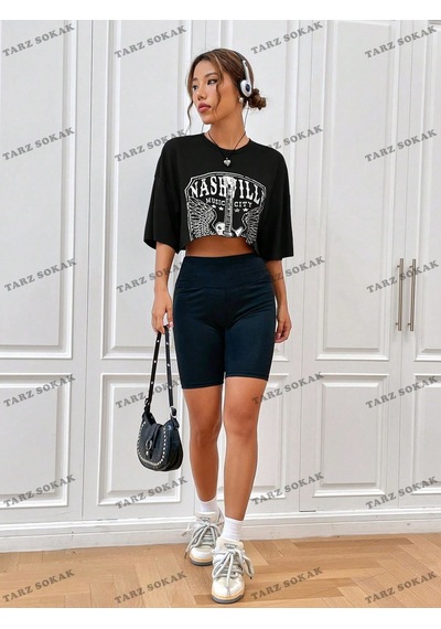 Flood Of Style Crop Ckod-232913 Mektup Grafikli Düşük Omuz Kısa Siyah