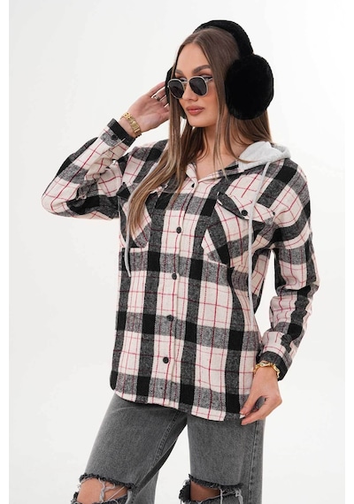 Polologin Butik Kadın Siyah Beyaz Kırmızı Çizgili Kapşonlu Gömlek Çok Renkli