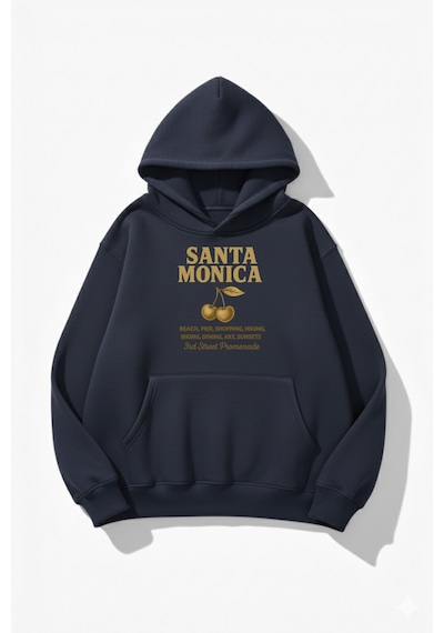 Uyguntarz Unisex Yumuşak Dokulu Santa Monica Baskılı Tasarım Oversize 3 İplik Hoodie Sweatshirt Indigo