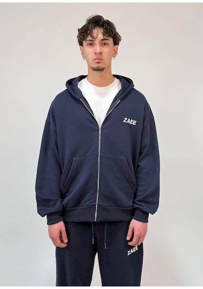 Zaee İnce Kumaş Nakışlı Oversize Premium Zip Hoodie Lacivert