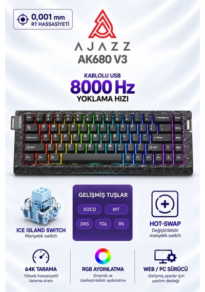 Ajazz Ak680 V3 8000 Hz Manyetik Rgb Oyuncu Klavyesi Siyah Ice Island