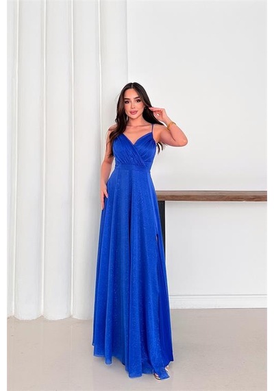 Neşeli Butik Kadın Ayarlanabilir Askılı Yırtmaçlı Tül Abiye Elbise Rys9276 Mavi