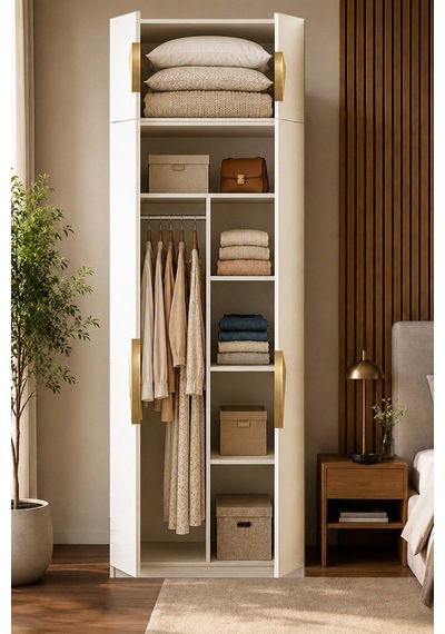 Gama 4 Kapaklı Askılı Raflı + Ek Modüllü Tasarım Kulplu 253 Cm Gardırop Elbise Dolabı Beyaz