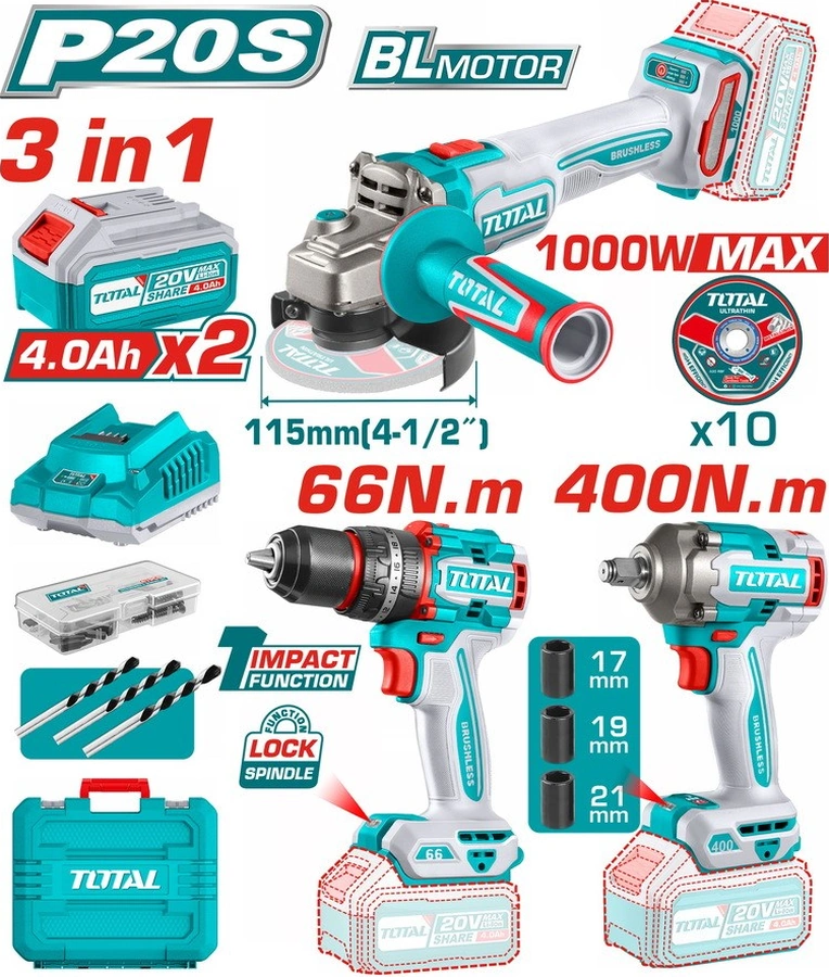 Total TOSLI241291E Darbeli Matkap + Avuç Taşlama + Somun Sıkma + 2x4AH Akülü Set 3'lü