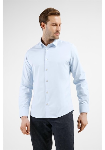 İmza Mavi Kendinden Desenli Sert Yaka Uzun Kol Cepsiz Slim Fit Pamuklu Gömlek 1004255229 Mavi