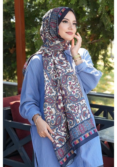 Afvente Etnik Desen Lacivert Soft Pamuk Şal Çok Renkli 60663965
