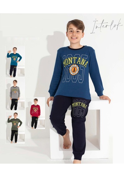 Pijamax Erkek Çocuk Pijama Takımı İnterlok Kışlık Uzun Kol Petrol