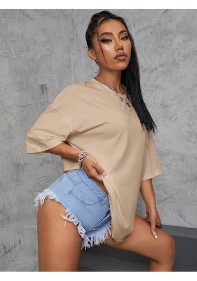 Basic Düz T-shirt - Bej Oversize Bisiklet Yaka Kısa Kol Bej