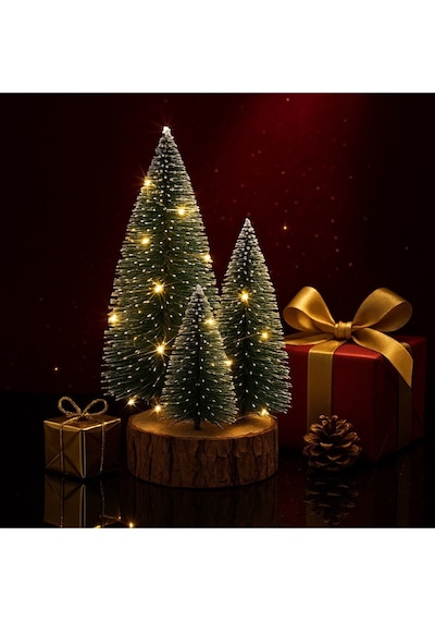 Ahşap Kütük Üzerinde 4 Lü Led Işıklı Noel Kar Efektli Çam Ağaçları Seti 23 Cm - 18 Cm - 12 Cm -13 Cm 23 CM