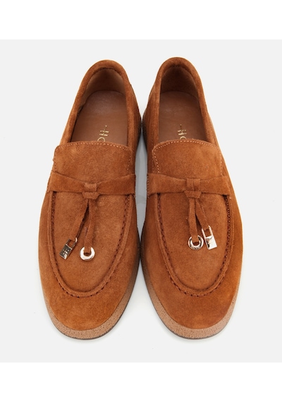 Hotiç Kadın Süet Deri Taba Gold Aksesuarlı Klasik Loafer