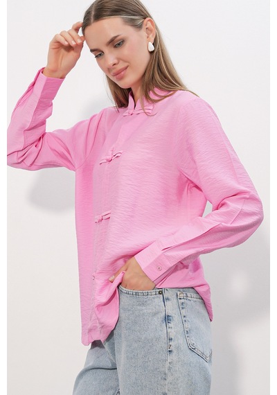 Bigdart Kadın Tasarım Bağcıklı Gömlek 20405 - Pembe