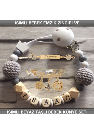 Sahi Aksesuar İsimli Bebek Emzik Zinciri Ve İsimli Bebek Künye Seti Bezyı730 Bej - Mavi