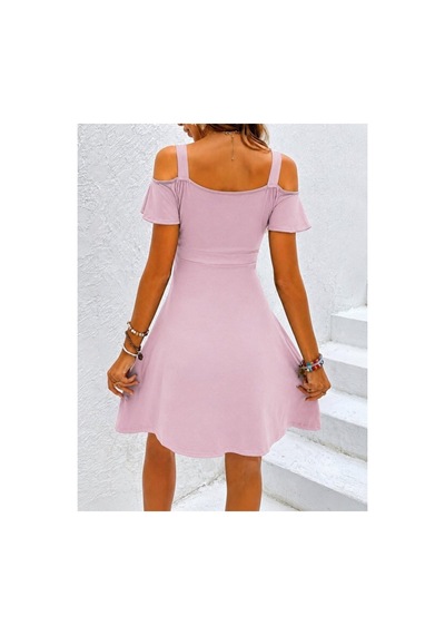 Butik İstanbul Kadın Omuzlardan Acık Askılı V Yakalı Kısa Modal Elbise Pembe