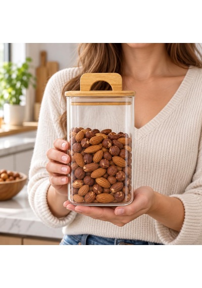 Bambu Kapaklı Kare Borosilikat Cam Kavanoz 1100 Ml, 10 15 Cm, Contalı Tutma Kulplu Şeffaf Erzak Kabı, Kahve Bakliyat Kuruyemiş Ve Kuru Gıda Saklama Kavanozu Çok Renkli