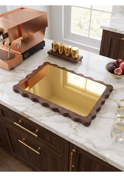 Famwoodart Dikdörtgen Papatya Gold Doğal Ahşap Peynir Ve Sunum Tabağı, Kahvelik, Yağdanlık, Pasta Ve Kek Standı %100 Çam Ceviz - Gold