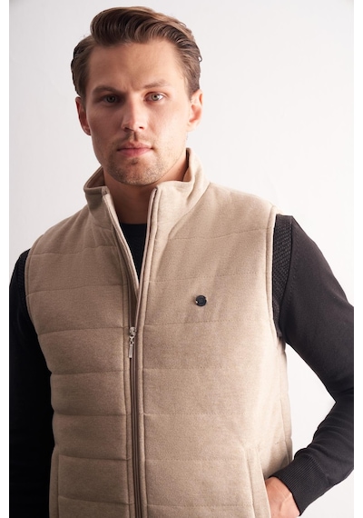 İmza Bej Dik Yaka Fermuarlı Casual Slim Fit Kapitone Yelek 1009255103 Koyu Bej