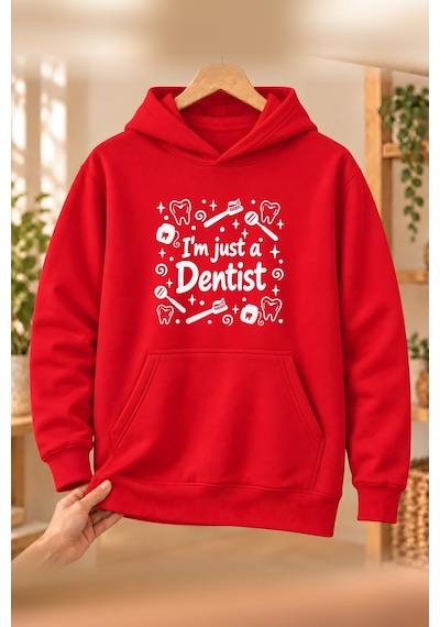 Diş Hekimi Dentist Meslek Yazısı Baskılı Erkek Kapüşonlu Sweatshirt - Kırmızı