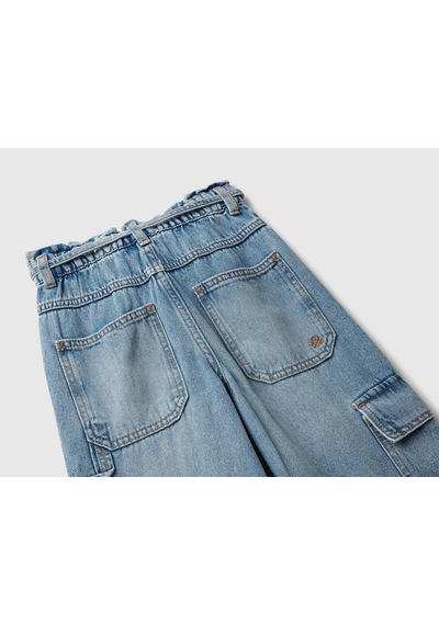 Mayoral Benetton Kız Çocuk Koyu Mavi Beli Bağlamalı Kargo Stili Wide Fit Denim Pantolon Açık Mavi