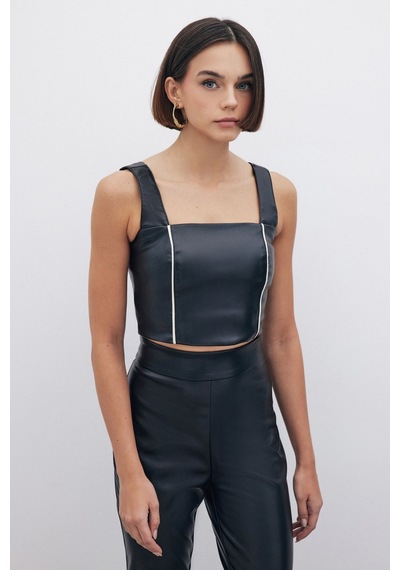 Sateen Yüksek Bel Deri Pantolon - Siyah-135285 Siyah