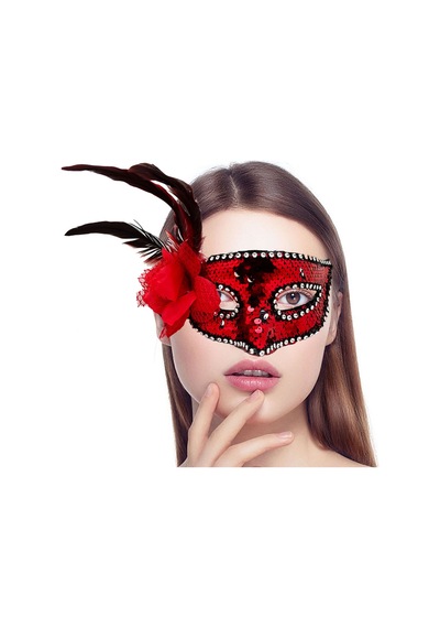 Kırmızı Renk Yandan Tüylü Güllü Gümüş Taşlı Pullu Maske 20x22 Cm