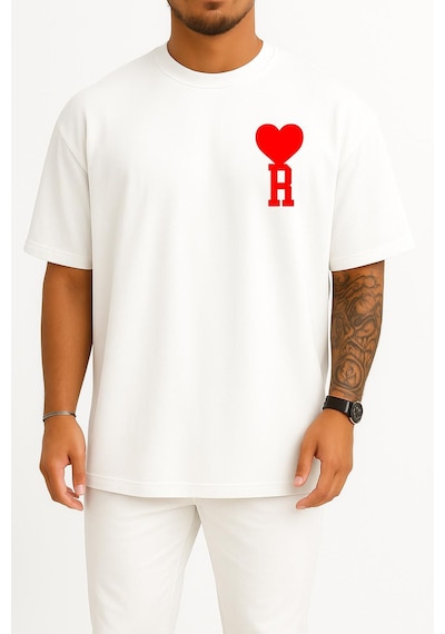Bahriyeli Collection Oversize Kalp Ve R Harfi Cep Tasarımlı Unisex T-shirt Beyaz