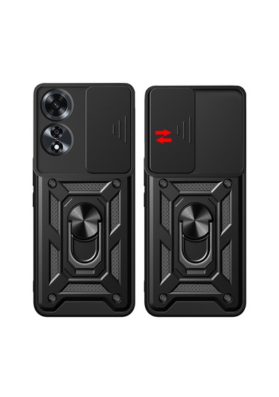 Oppo A60 Kılıf Lens Standlı Yüzüklü Kamera Sürgülü Zırhlı Kapak