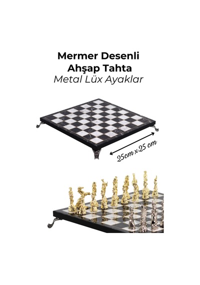 Mc58 Uzak Doğu Figürlü Metal Satranç Takımı - Mermer Desenli 25x25 Ahşap Tahtasıyla - Lüks Hediyelik