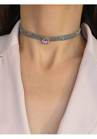 Kordon Zincir Örme Kristal Taşlı El Yapımı Choker Tasma Lila Silver Renk Kolye
