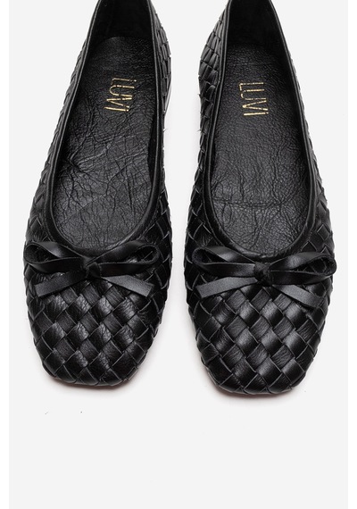Luvishoes Garen Siyah Örgü Hakiki Deri Fiyonklu Kadın Babet Ayakkabı