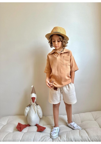 Jolly Kids Erkek Çocuk Müslin Kumaş Gömlek Yakalı Takım Kahverengi