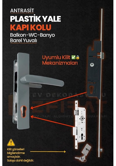 Pvc Pimapen Plastik Yale Kapı Kolu Seti Balkon, Tuvalet Wc , Banyo İçin Barel Yuvalı Antrasit 1 Ad