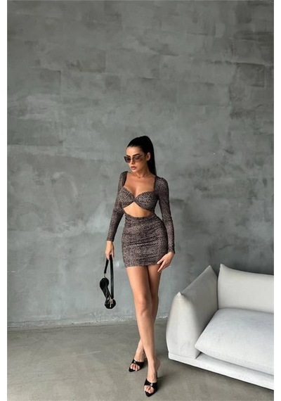 Dip Moda Kadın Leopar Sırt Ve Göğüs Dekolteli Mini Elbise Dpnbdf079 Kahverengi