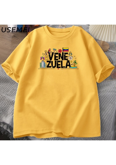 Flood Of Style Venezuela Hasta Tshirt Kadın Erkek Venezüella Con T-shirt Pamuk Kısa Kollu Baskılı Tshirt Uni Sarı