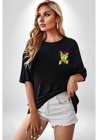 Birlikte Kal Siyah Oversize Unisex Ön Ve Sırt Baskılı Tişört Siyah