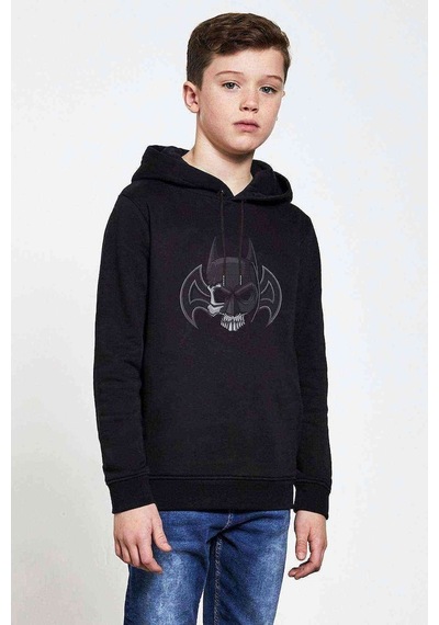 Tshirthane Bat Skull Baskılı Unisex Çocuk Kapüşonlu Siyah Sweatshirt