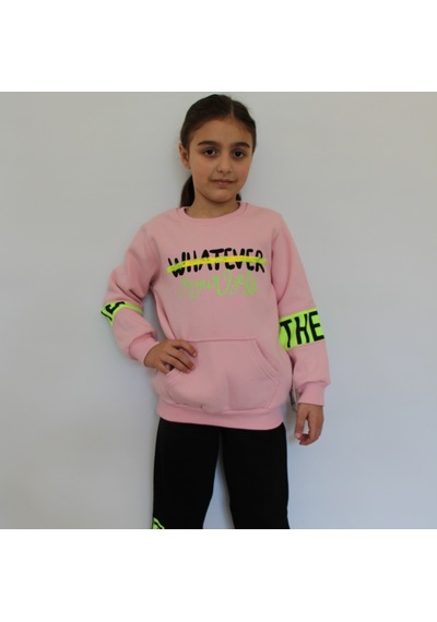 Milenawear by Milena Baskılı Bisiklet Yaka Kalın Kız Çocuk Alt Üst Takım Pembe Siyah Pembe - Siyah