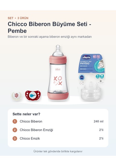 Chicco Biberon Büyüme Seti 3 Parça: Biberon + Biberon Emziği + Emzik - Pembe