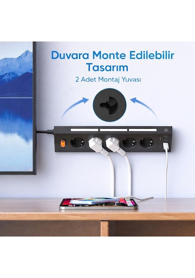 5 Li Köşe Priz 2 Usb-a 2 Usb-c Girişli 2 Metre Kablolu Gece Işıklı Akım Korumalı Masaüstü Çoklu Priz 3680w 1 - 3 M