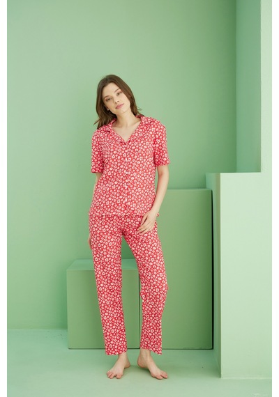 Siyah İnci Bürümcük Krınkıl Kumaş Örme Düğmeli Pijama Takım25118560 Çok Renkli