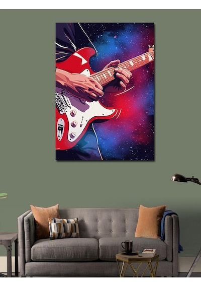 Kanvas Tablo Kırmızı Gitar Ve Kozmik Arka Plan 70cmx100cm