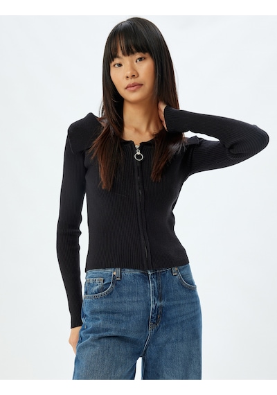 Koton Fermuarlı Hırka Uzun Kollu Slim Fit Siyah 5wal90037ıt