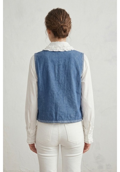 Saade Sââde Kadın V Yaka Çiçek Nakışlı Düğmeli Denim Yelek Mavi
