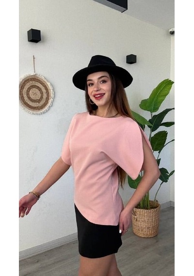 Modadua Bisiklet Yaka Pembe Balon Kol Bluz Modern Şık Ofis Bluzu Pudra