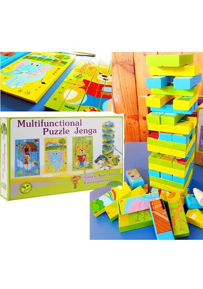 3'Lü Hayvan Figürlü Ahşap Jenga Puzzle Oyunu-Ahşap Domino Jenga