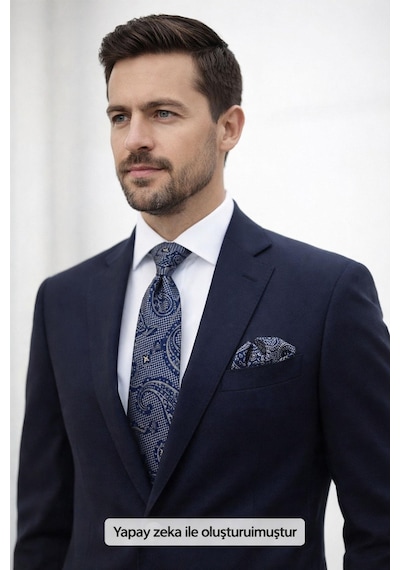Gaffy Gri Şal Desenli Lacivert Dokuma Kumaş Mendilli Slim Fit Kravat // Sdk-2606-3 Gri