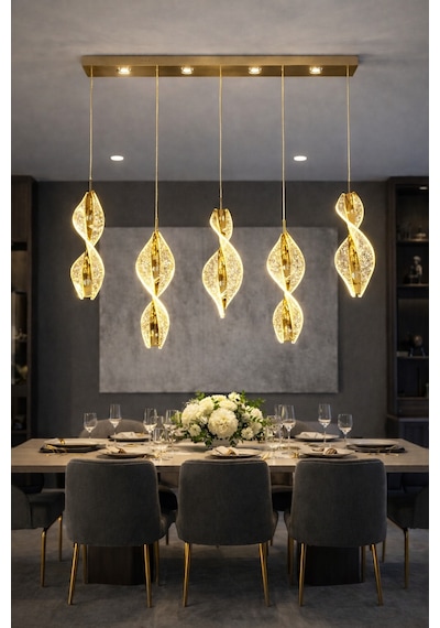Luxury Modern 5 Li Sıralı Sarkıt Led Avize Kumandalı Gold Gold