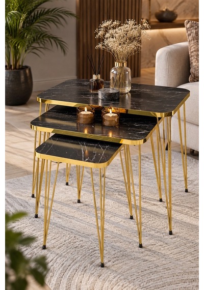 Sulorahome Siyah Mermer Desenli Gold Metal Ayaklı 3'lü Zigon Sehpa Takımı