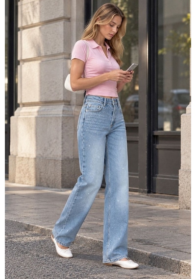 Hiccup Parıltılı Straight Fit Geniş Paça Jean Açık Mavi
