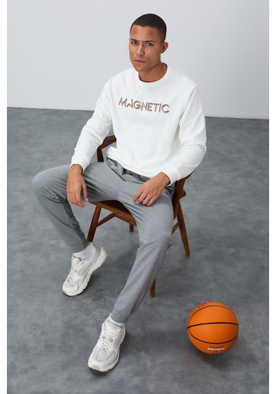 Tommy Life Ekru Yazı Nakışlı O Yaka Rahat Form İçi Polarlı Erkek Sweatshirt - 88020 Ekru